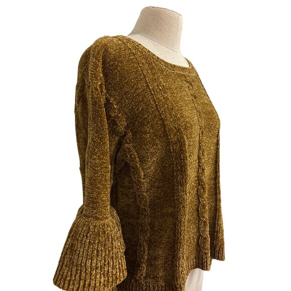 For The Republic Womens M Brown Ruffled Sleeve Chenille Sweater - Picture 4 of 13
